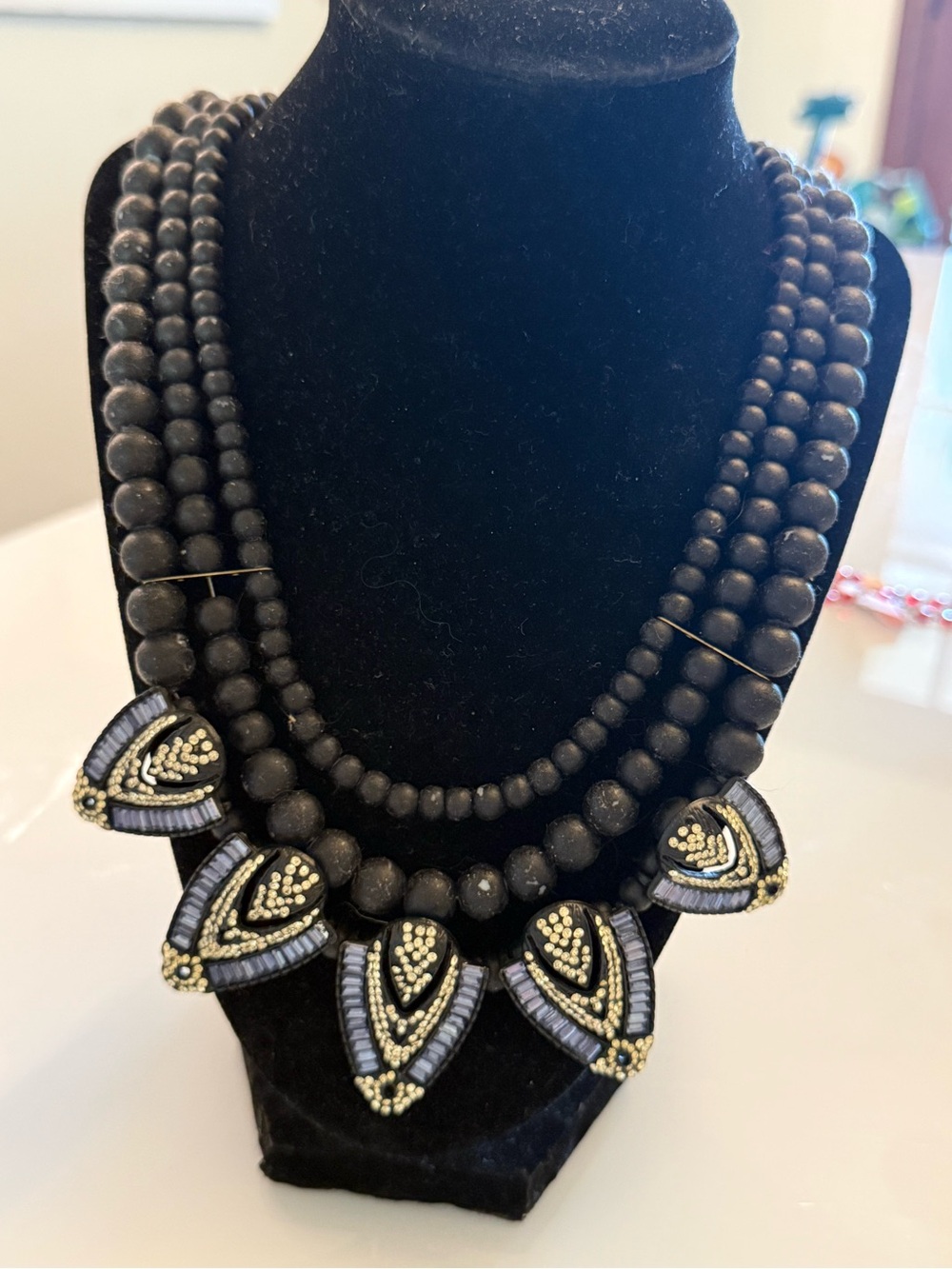 Anthropologie David Aubrey Layered Islette Statement Bib Necklace Black Gold